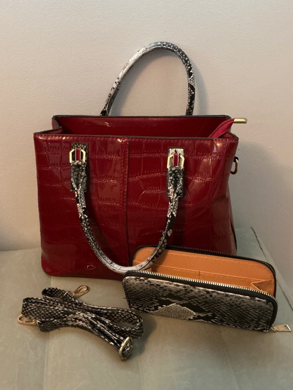 Red Patent Leather Satchel Set